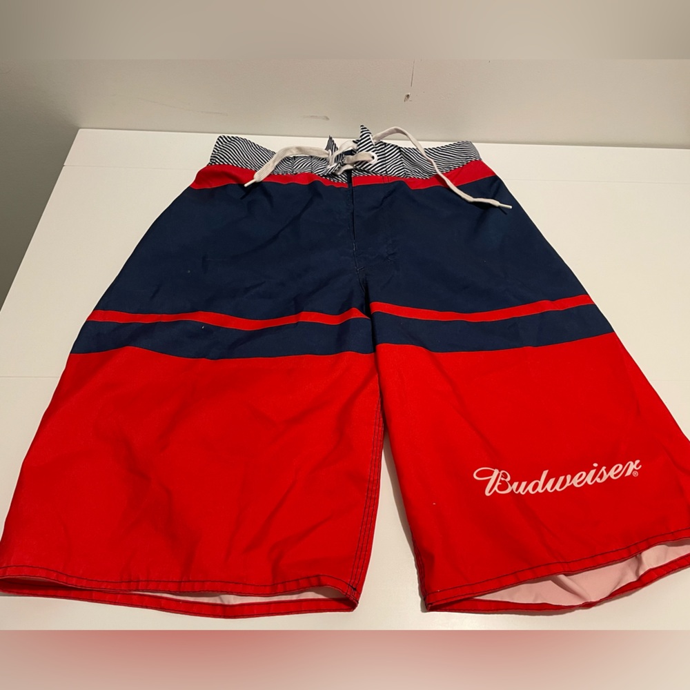 Budweiser Brand Men's size 28-30 Red & Navy Swimming Trunks Tie Waist